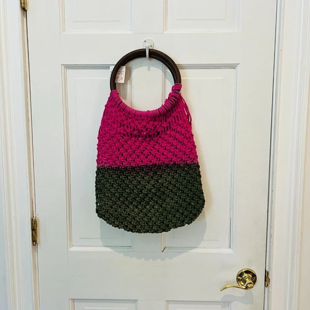 SURF GYPSY Woven Purse/Beach Boho Bag Wood Handle Pink and Green